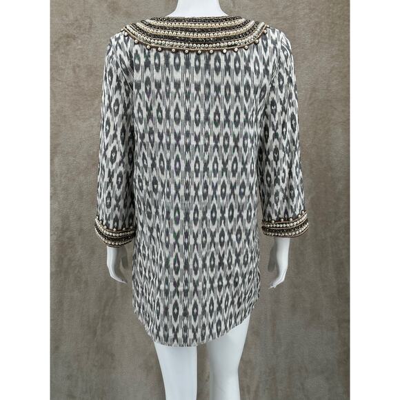 Calyso St Barth Top Women Small Gray Cream Tunic Cotton Beaded Sheer Beachy Boho - Picture 5 of 8